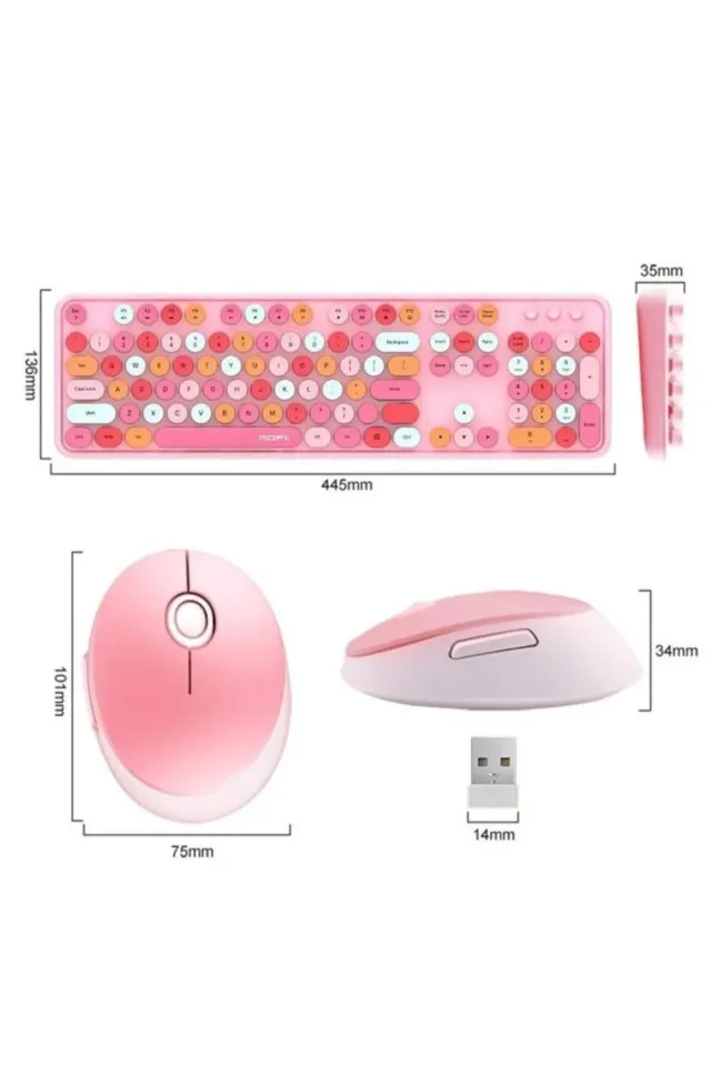 Renkli Daktilo Tarzı Vintage Mekanik Klavye Mouse PC Laptop Uyumlu Kablosuz (Pembe)