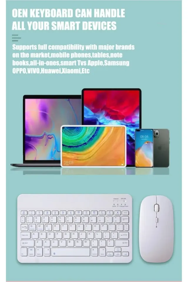 IPad Xiaomi Samsung Huawei Tablet Laptop Uyumlu Renkli Bluetooth Bağlantılı Klavye+Mouse Set (Sarı)