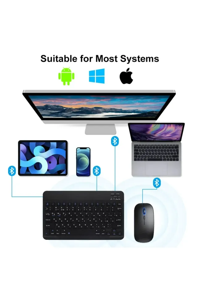 IPad Xiaomi Samsung Huawei Tablet Laptop Uyumlu Renkli Bluetooth Bağlantılı Klavye+Mouse Set (Mor)