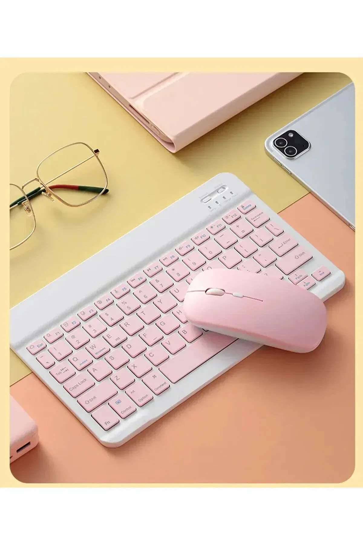 IPad Xiaomi Samsung Huawei Tablet Laptop Uyumlu Renkli Bluetooth Bağlantılı Klavye+Mouse Set (Pembe)