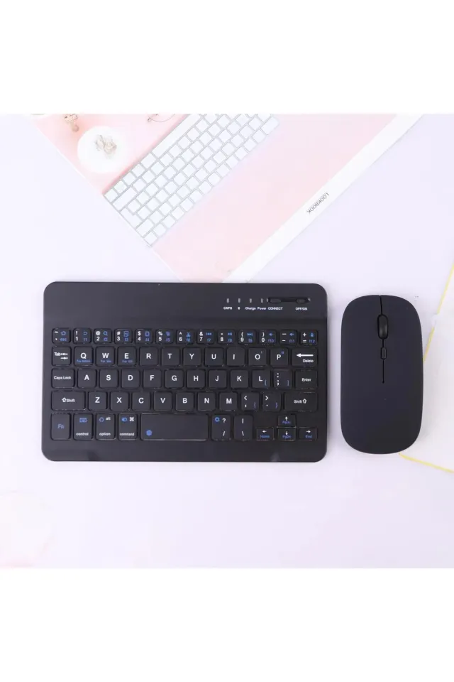 IPad Xiaomi Samsung Huawei Tablet Laptop Uyumlu Renkli Bluetooth Bağlantılı Klavye+Mouse Set (Siyah)