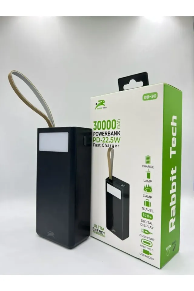 RabbitTech 30.000 Mah Pd 22.5w 3.0 Hızlı Şarj Gerçek 30.000 Mah Garantili Işıklı Qc30 Siyah Powerbank