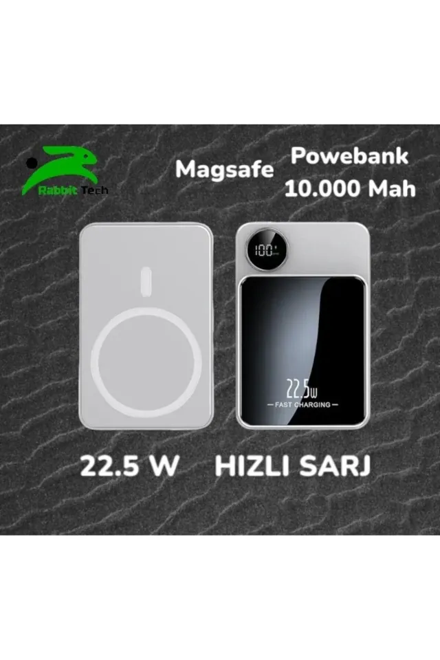 RabbitTech Magsafe Powerbank 22.5W Hızlı Şarj Destekli 10.000mah Manyatik Magsafe Özelikli (Beyaz)