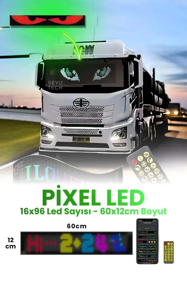 Pixel Led Panel Dijital Ekran Yazı ve Animasyon Eklenebilen Telefon Kontrollü Yapışkanlı 16*96 Led