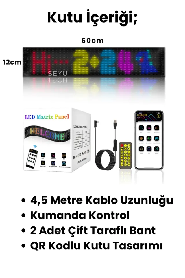 Pixel Led Panel Dijital Ekran Yazı ve Animasyon Eklenebilen Telefon Kontrollü Yapışkanlı 16*96 Led