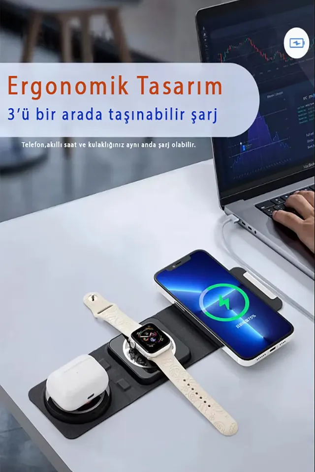 Katlanabilir Üçü Bir Arada Magsafe Kablosuz Wifi Taşınabilir Şarj Aleti (Beyaz)