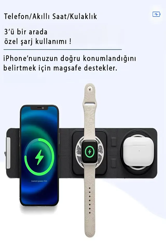 Katlanabilir Üçü Bir Arada Magsafe Kablosuz Wifi Taşınabilir Şarj Aleti (Beyaz)