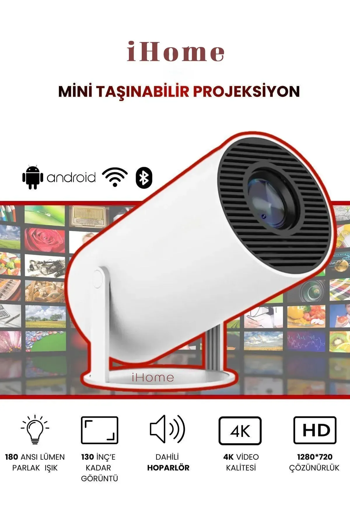 Taşınabilir 130 inç Yansıtma Projeksiyon Cihazı Ev Sineması DahiliBluetooth Android 11.0